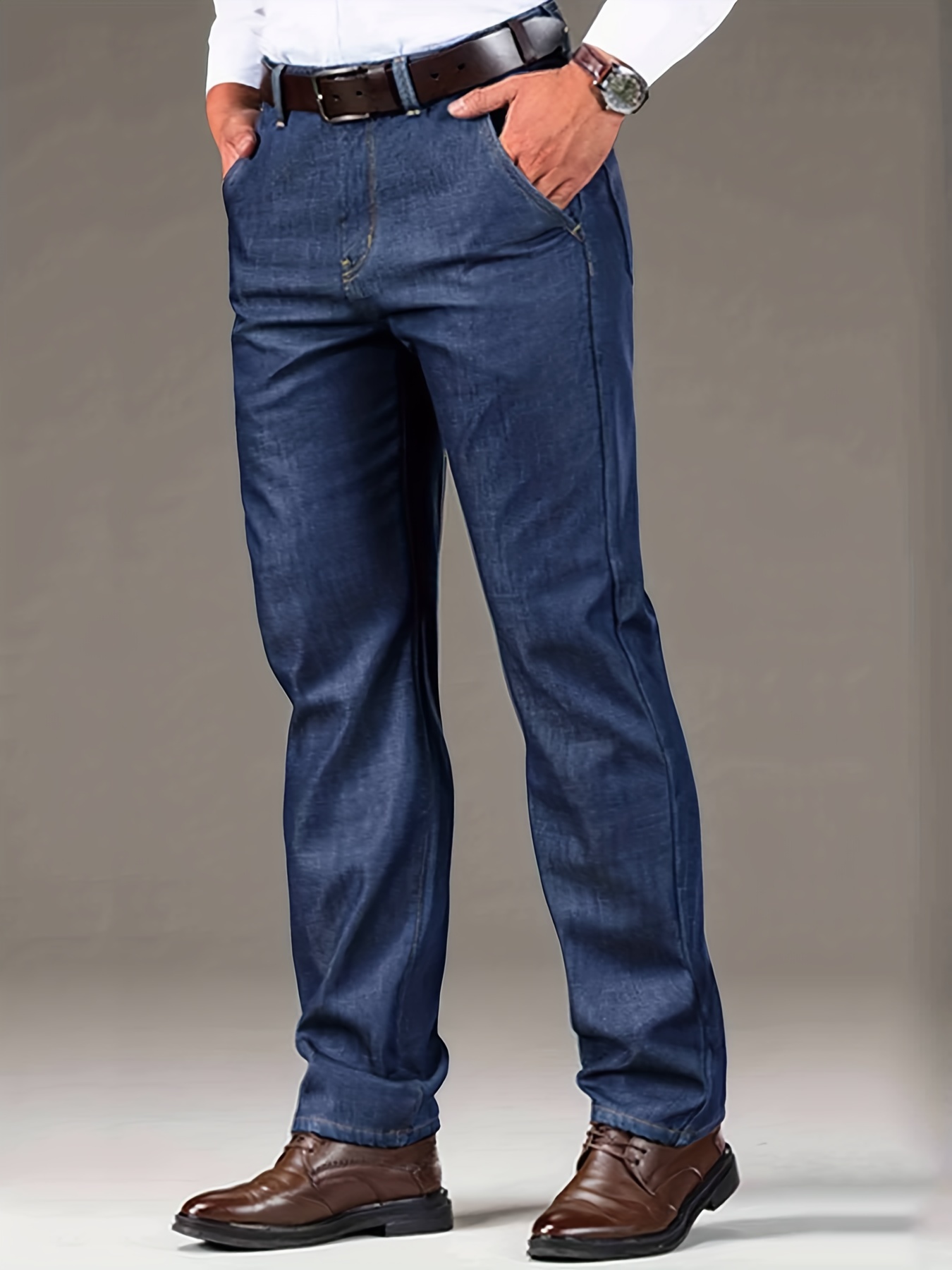 chic straight leg jeans mens casual stretch semi formal pants for all seasons business details 1