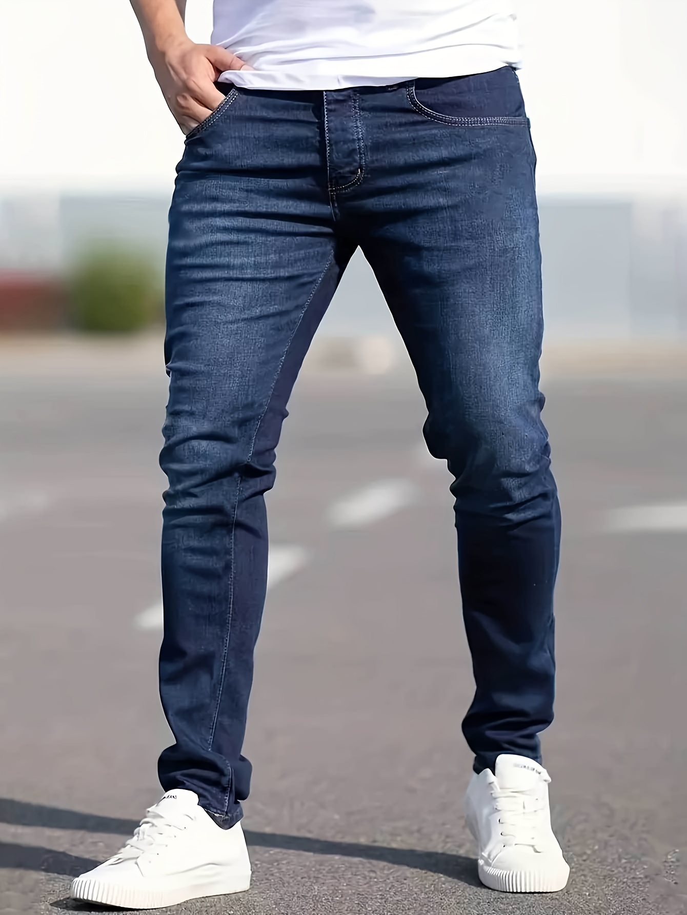 slim fit cotton jeans mens casual solid color mid stretch denim pants for spring summer details 0