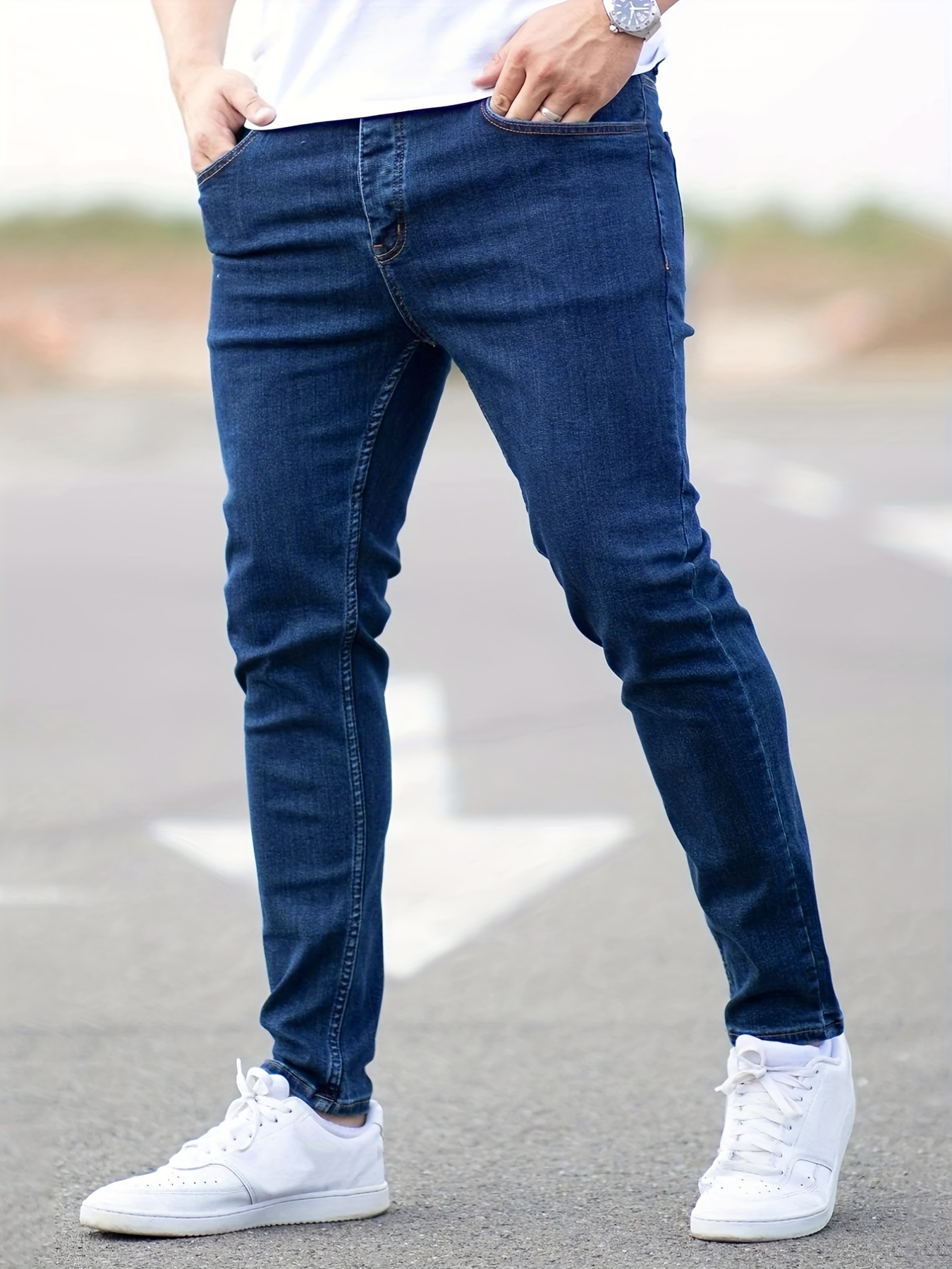 slim fit cotton jeans mens casual solid color mid stretch denim pants for spring summer details 5